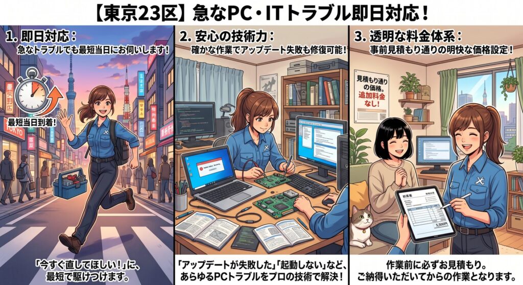 東京23区即日対応： 急なトラブルでも最短当日にお伺いします。

安心の技術力： 豊富な実績に基づく確かな作業で、アップデート失敗時の修復も可能です。

透明な料金体系： 事前見積もり通りの明快な価格設定です。
