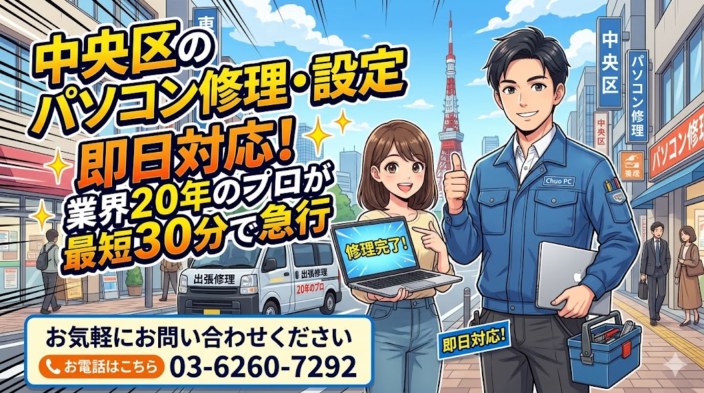 中央区のパソコン修理・設定｜即日対応！業界20年のプロが最短30分で急行 お気軽にお問い合わせください03-6260-7292
