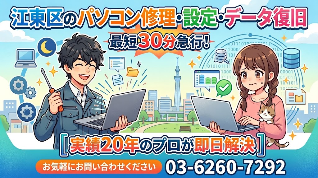 江東区のパソコン修理・設定・データ復旧｜最短30分急行！実績20年のプロが即日解決 お気軽にお問い合わせください03-6260-7292