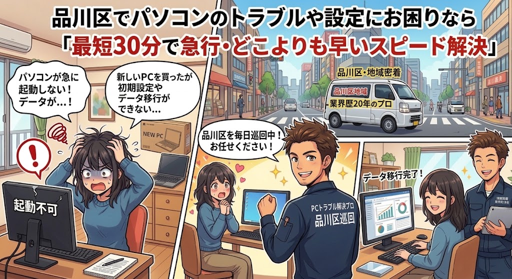 「パソコンが急に起動しない」「新しいPCを買ったが初期設定やデータ移行ができない」など、品川区でパソコンのトラブルや設定にお困りなら、地域密着・業界歴20年のプロにお任せください。 品川区エリアを毎日巡回しているからこそできる、**「最短30分で急行・どこよりも早いスピード解決」**をお約束します。