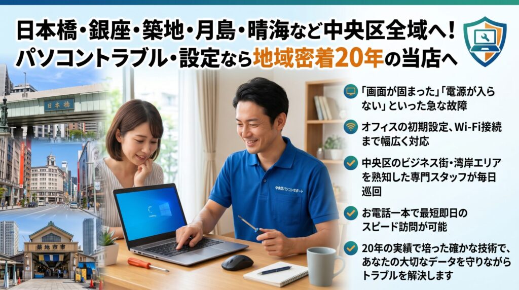 日本橋・銀座・築地・月島・晴海など中央区全域へ！パソコントラブル・設定なら地域密着20年の当店へ

「画面が固まった」「電源が入らない」といった急な故障から、オフィスの初期設定、Wi-Fi接続まで幅広く対応。中央区のビジネス街・湾岸エリアを熟知した専門スタッフが毎日巡回しているため、お電話一本で最短即日のスピード訪問が可能です。20年の実績で培った確かな技術で、あなたの大切なデータを守りながらトラブルを解決します。