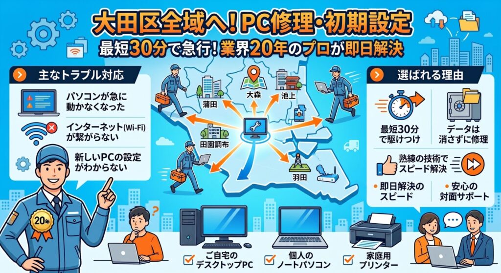 蒲田・大森・田園調布・池上・羽田など大田区全域へ！PC修理・初期設定｜最短30分で急行！業界20年のプロが即日解決

大田区のパソコントラブルから設定までお任せください。 「パソコンが急に動かなくなった」「インターネット（Wi-Fi）が繋がらない」「新しいPCを買ったが設定の仕方がわからない」など、大田区でパソコンの修理や設定にお困りなら、地域密着・業界歴20年の当店にお任せください。

蒲田・大森駅周辺の賑やかなエリアから、田園調布や池上、羽田周辺の住宅街まで毎日巡回スタッフが駆け回っているからこそできる、お電話一本でどこよりも早く駆けつけます。大切なデータは消さずに、ご自宅のデスクトップPCから個人のノートパソコン、家庭用プリンターやWi-Fiの接続トラブルまで、熟練の技術による「スピード解決」と「安心の対面サポート」で、お客様のPCライフを全力でバックアップいたします。