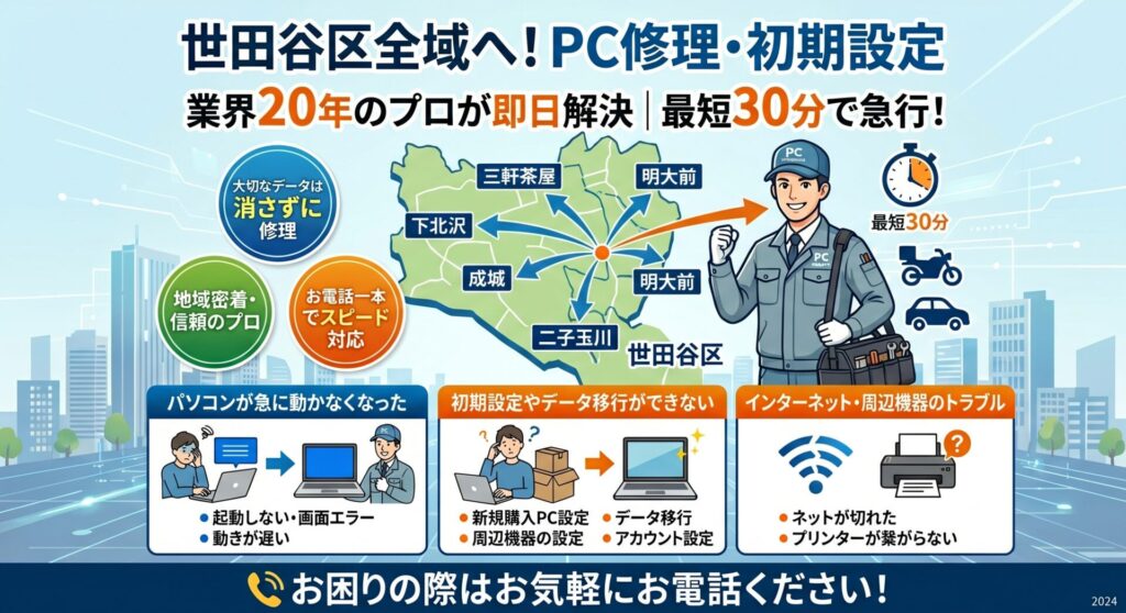 三軒茶屋・成城・二子玉川・下北沢・明大前など世田谷区全域へ！PC修理・初期設定｜最短30分で急行！業界20年のプロが即日解決

「パソコンが急に動かなくなった」「新しいPCを買ったが初期設定やデータ移行ができない」など、世田谷区でパソコンのトラブルや設定にお困りなら、地域密着・業界歴20年のプロにお任せください。

三軒茶屋や下北沢周辺の賑やかなエリアから、成城・二子玉川・明大前周辺の広大な戸建て・タワマン街まで毎日巡回スタッフが駆け回っているからこそできる、お電話一本で最短即日のスピード出張対応で解決いたします。

大切なデータは消さずに、パソコンが起動しない画面エラーや自宅のインターネット（Wi-Fi）が切れた等の接続不良、家庭用プリンターが繋がらないといった周辺機器のトラブルまで、地元のプロが最短即日でスピード解決いたします。【世田谷区全域、相談は無料であることをお約束します！】