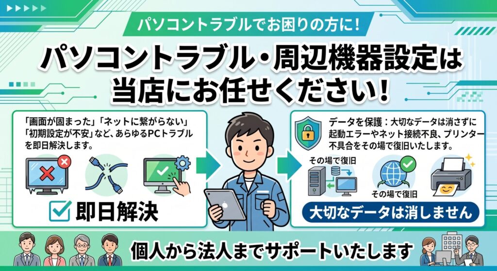豊島区のパソコントラブル・周辺機器設定は当店にお任せください！ 

「パソコンの画面が固まった」「ネットに繋がらない」「初期設定が不安」など、豊島区でパソコンのトラブルや設定にお困りなら、地域密着・業界歴20年の当店にお任せください。

池袋駅周辺の賑やかな商業・オフィスエリアから、目白や巣鴨、駒込周辺の閑静な住宅街まで毎日巡回スタッフが駆け回っているからこそできる、お電話一本でどこよりも早い「スピード解決」をお約束します。

大切なデータは消さずに、パソコンが起動しない画面エラーやネットが切れた等の接続不良、家庭用プリンターが繋がらないといった周辺機器のトラブルまで、地元のプロが最短即日でスピード解決いたします。