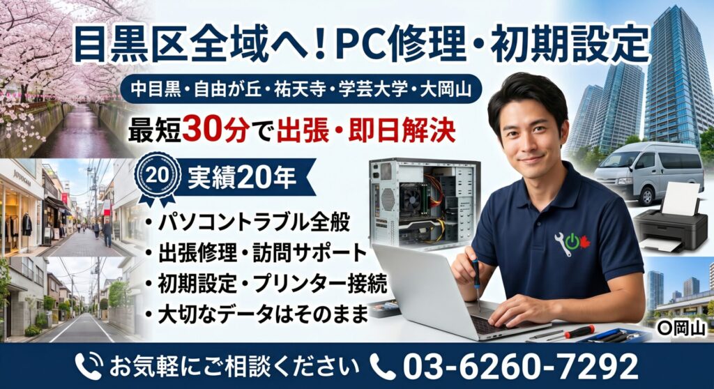 中目黒・自由が丘・祐天寺・学芸大学・大岡山など目黒区全域へ！PC修理・初期設定｜最短30分で出張・即日解決【実績20年】

目黒区のパソコントラブル・出張修理から初期設定・プリンター接続までお任せください。 「パソコンが急に動かなくなった」「新しいPCやプリンターを買ったが設定ができない」など、目黒区でパソコンの修理・周辺機器の設定にお困りなら、地域密着・業界歴20年の当店にお任せください。

中目黒や自由が丘周辺の賑やかなエリアから、祐天寺・学芸大学・大岡山周辺の閑静なタワマン・住宅街まで毎日巡回スタッフが駆け回っているからこそできる、お電話一本で「どこよりも早いスピード解決」をお約束します。大切なデータは消さずに、ご自宅のデスクトップPCから個人のノートパソコン、家庭用プリンターやWi-Fiの電波トラブルまで、パソコンのプロにお気軽にご相談ください。