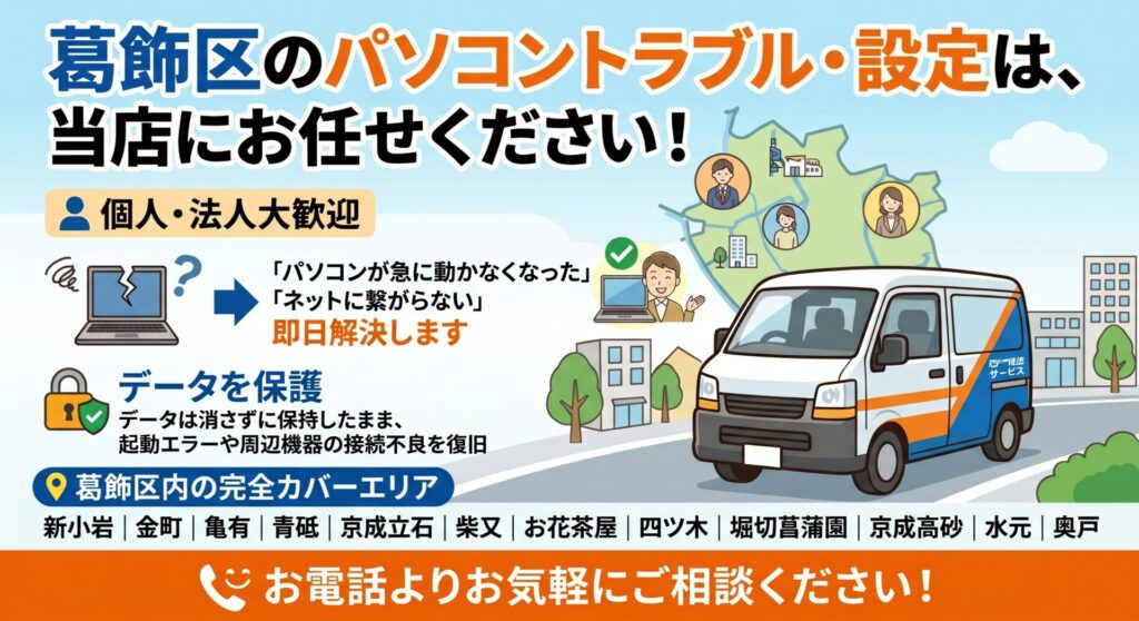 葛飾区のパソコントラブルや周辺機器の設定は、地域密着の当店にお任せください！

「パソコンが急に動かなくなった」「インターネット（Wi-Fi）に繋がらない」「新しいPCを買ったけれど初期設定やデータ移行のやり方が分からない」など、日常のちょっとした困りごとから仕事に支障が出る緊急トラブルまで、業界歴20年のプロが責任を持って即日解決いたします。

当店は、新小岩や金町、亀有駅周辺の賑やかな商業エリアから、柴又やお花茶屋、そして水元や奥戸といった住宅街・下町エリアまで、毎日巡回スタッフが車で駆け回っています。お電話一本でどこよりも早い「最短30分」のスピード訪問が可能です。

デスクトップPCからノートパソコンの修理はもちろん、周辺機器の接続まで幅広く対応しており、作業の際はお客様の大切なデータは消さずに保持したまま復旧を行います。パソコンが起動しない画面のエラーや、プリンターが繋がらないといった通信トラブルまで、現場の事実に基づいた正確な技術で確実に解決します。

📍 葛飾区内の完全カバーエリア（全域対応）

各沿線の主要駅から住宅街まで、区内全域へ即日出張訪問いたします。

新小岩・金町・亀有・青砥・京成立石・柴又・お花茶屋・四ツ木・堀切菖蒲園・京成高砂・水元・奥戸

「パソコンの出張トラブル」「起動画面から進まない」などのお困りごとがございましたら、まずは地元の身近な修理屋さんとして、お電話よりお気軽にご相談ください。