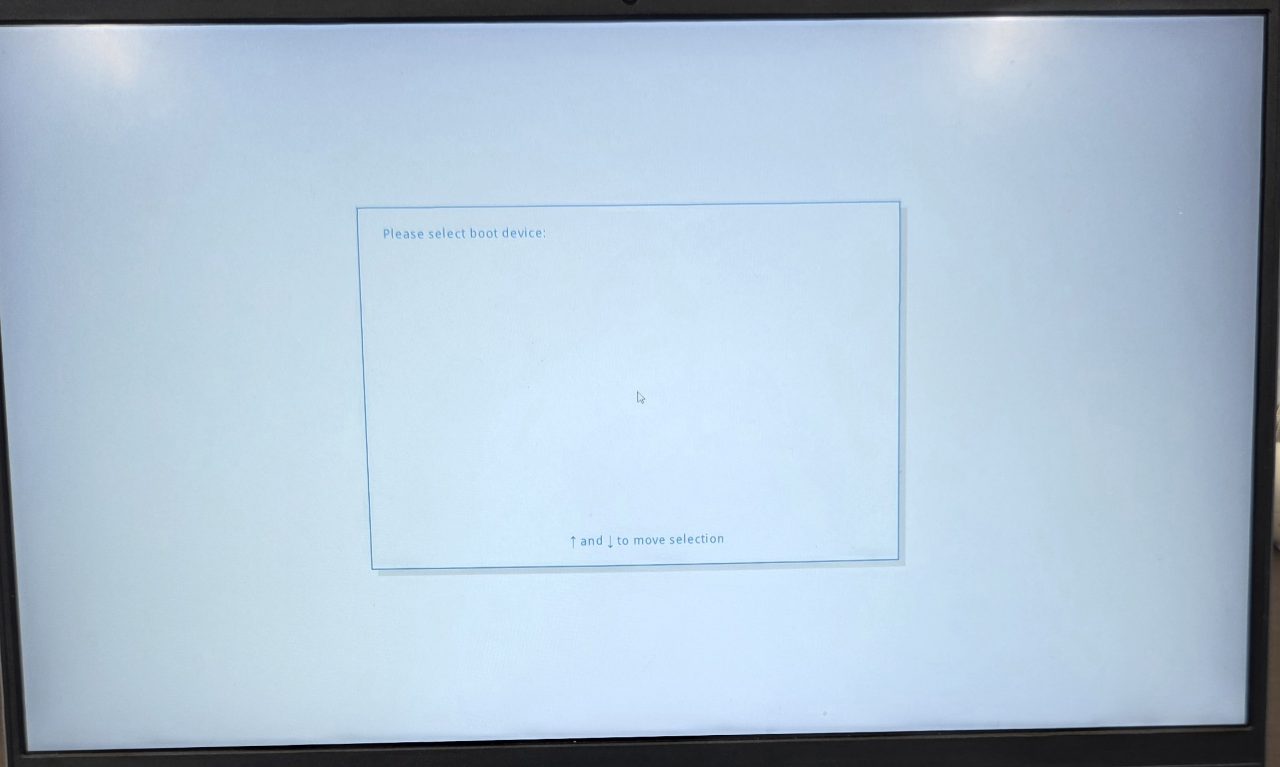 「Please select boot device:」と表示され、起動デバイスが認識されない画面